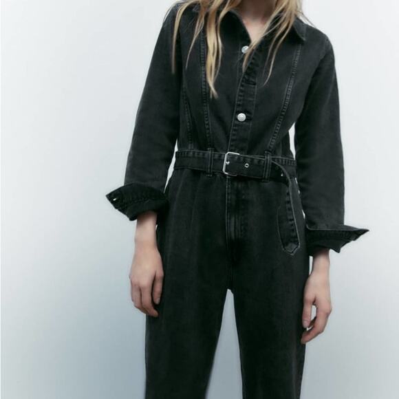 ZARA FULL LENGTH TRF DENIM JUMPSUIT ANTHRACITE GREY - Picture 8 of 12